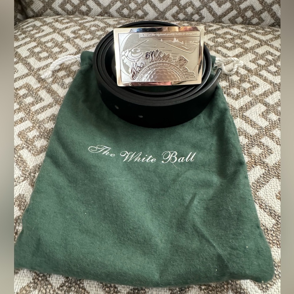 The White Ball Black Leather Belt with Silver Tournament Buckle - Fits up to 40